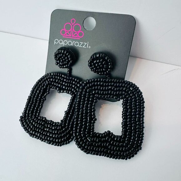 Paparazzi Black Beaded Statement Earrings – Lightweight Geometric Dangle Jewelry - Picture 2 of 2